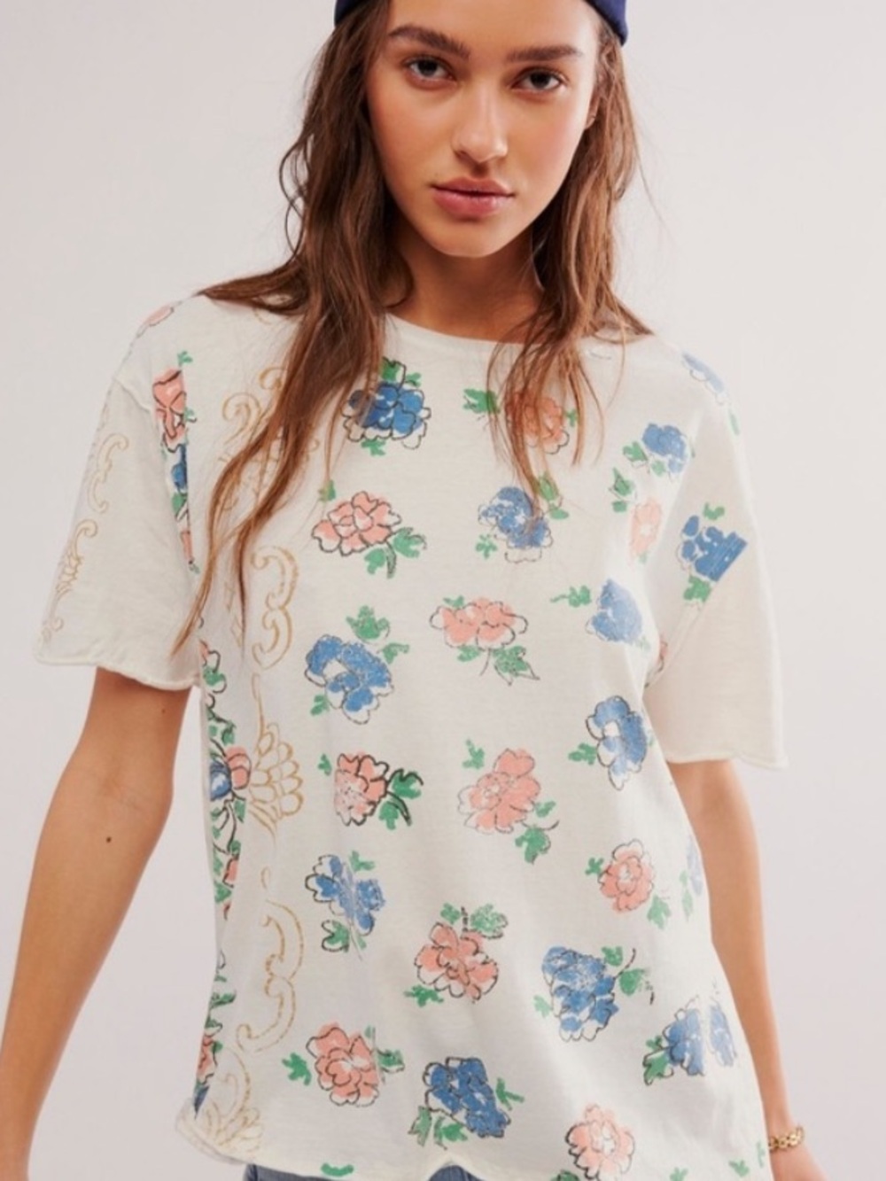 Free People Nina Boheme Printed Tee Size Small in Ivory Combo